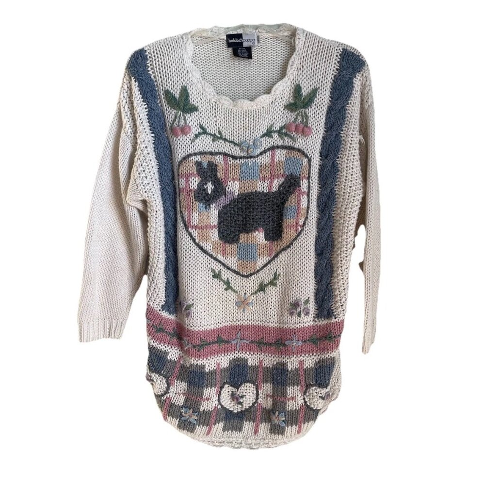 Beldoch Popper Vintage Cottagecore Chunky Knit Sweater Dog